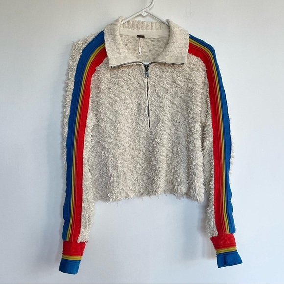 Free People Marshmallow Striped Mock Neck Pullover 1/2 Zip Rainbow Beige XS - Picture 4 of 11